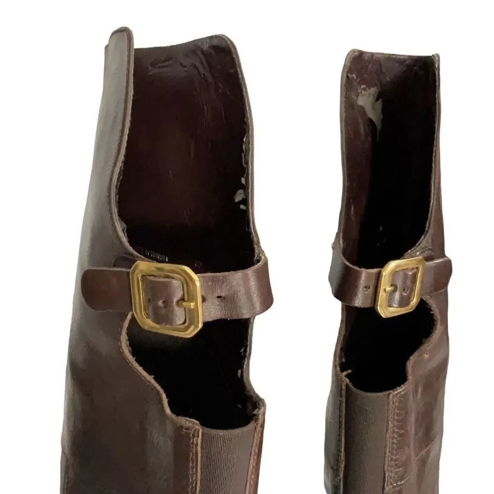 Dune London Brown Leather Over the Knee Riding Boots Open Back Buckle Sz 37 US 6